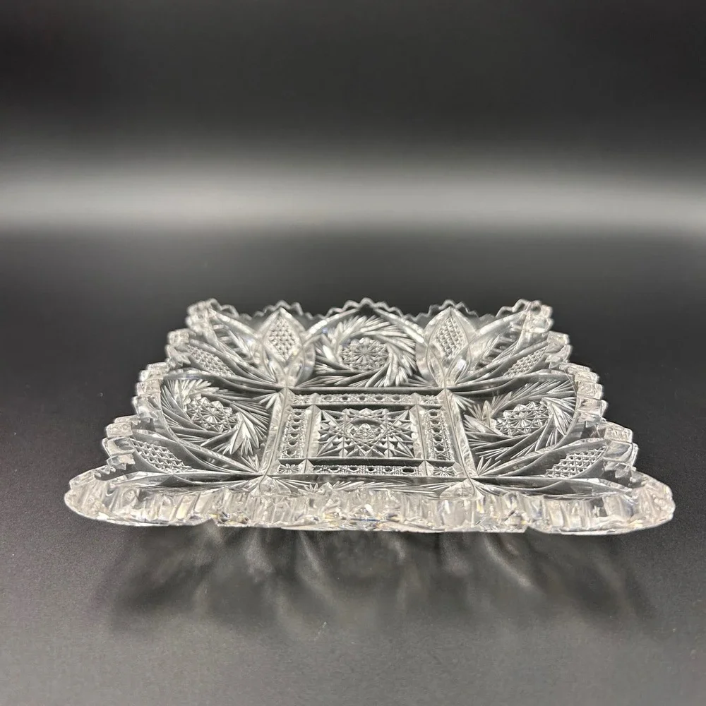 American Brilliant square dish shallow bowl, pinwheel-hobstar-strawberry diamond